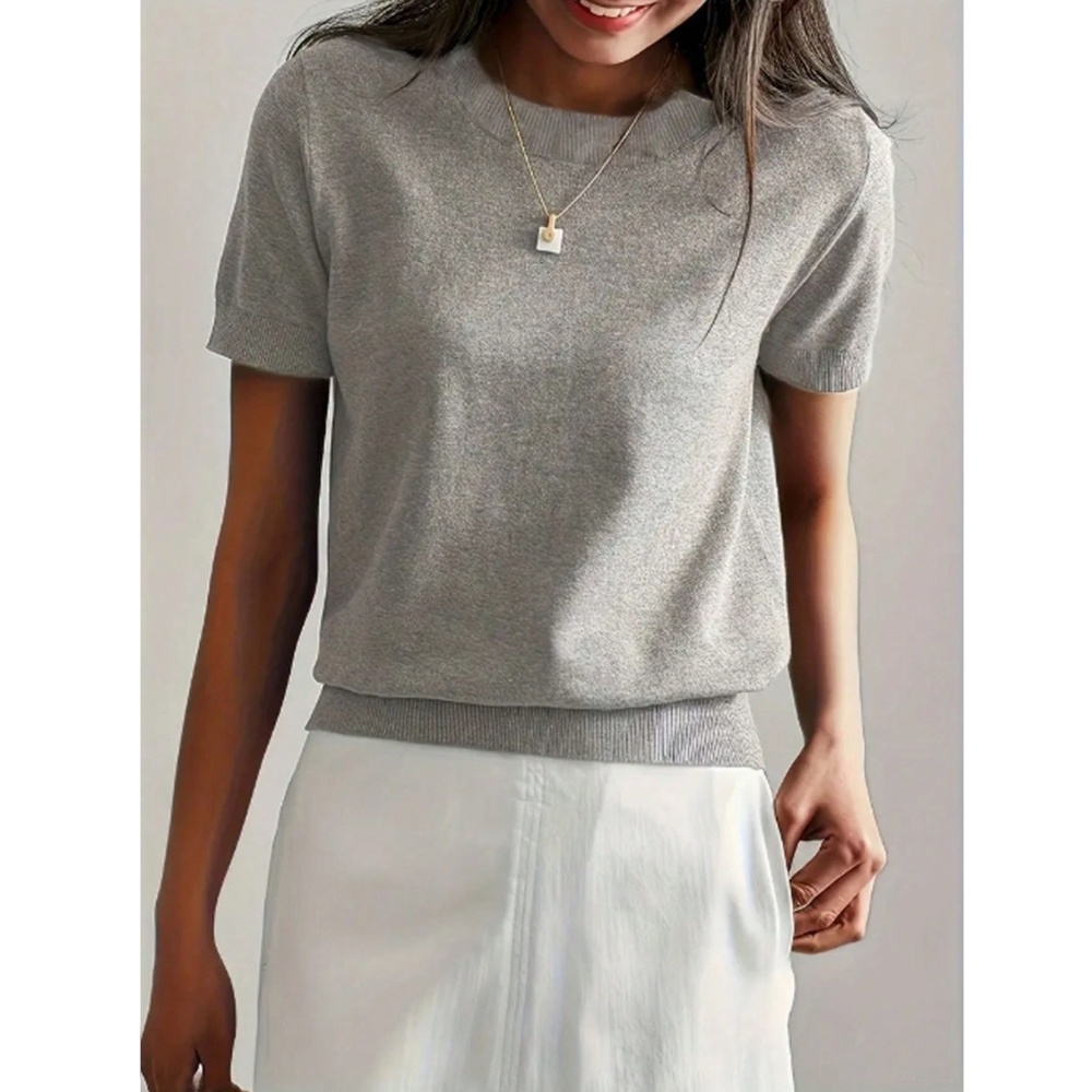 Grey Knit Sweater Top Round Neck Short Sleeve - Picture 2 of 6